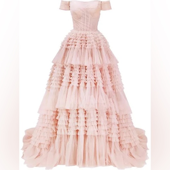 Misty Rose Off-The-Shoulder Frill-Layered Gown - Picture 2 of 8